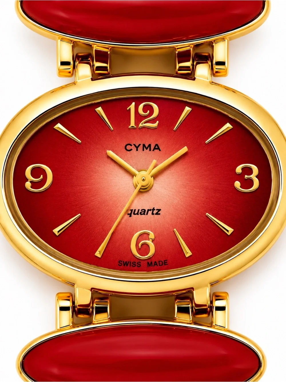 Vintage CYMA Swiss Red Enamel Bracelet Watch Gold Tone Quartz Watch w/ Box